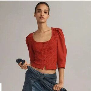 By Anthropologie Smocked Cardigan Top Red Buttondown Blouse S